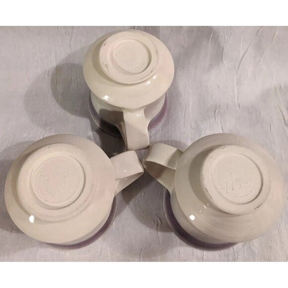 3 Art Pottery Mugs Signed Coffee Cup Handmade Studio Tea Purple White Stripe Set - Picture 9 of 16